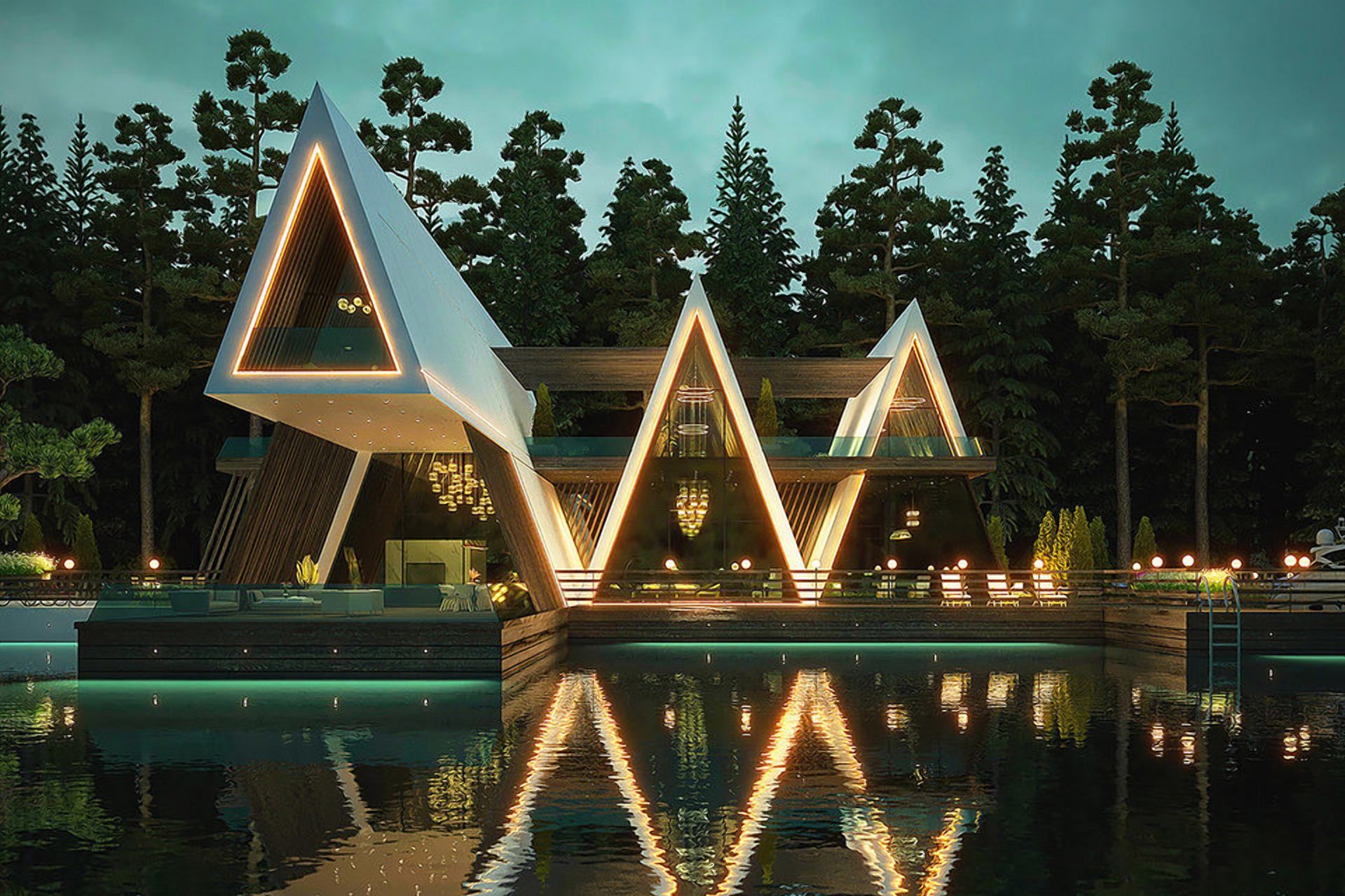 Привлекательная геометрия: проект резиденции в форме палатки на берегу реки 